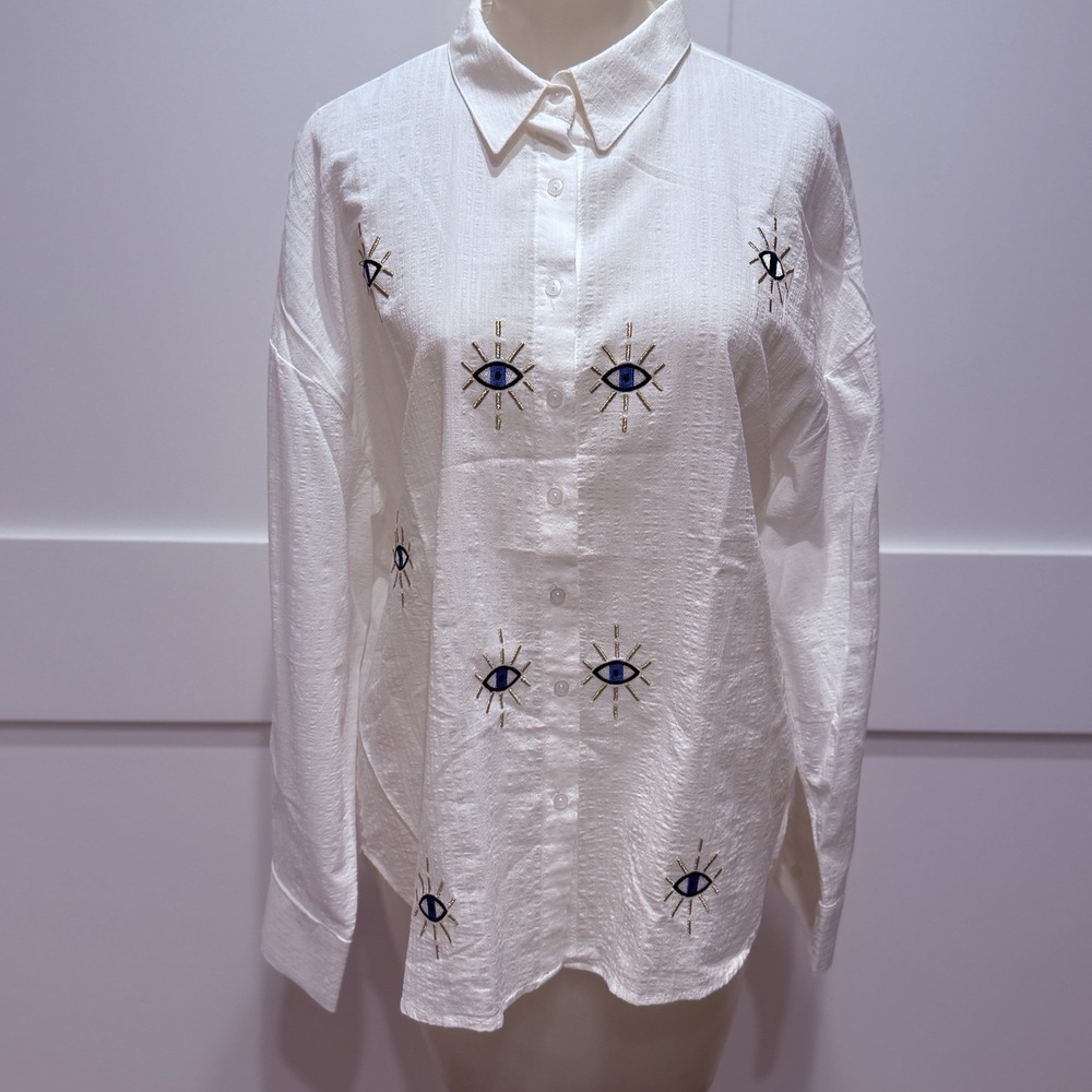 MZR Collection Evil Eye Embroidered Button Front Blouse White Boho Shirt L